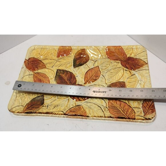Vtg Fused Glass Rectangular Flat Textured Serving Dish Fall Leaves 9x14 Inches - Picture 9 of 10